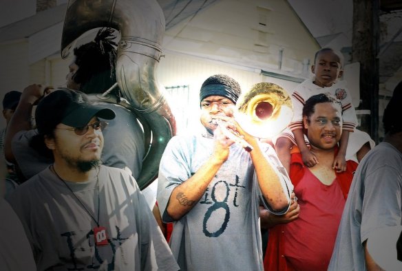 Joseph Williams, aka "Shotgun Joe," center, with Bennie Pete (tuba) and Raymond Williams (trumpet)